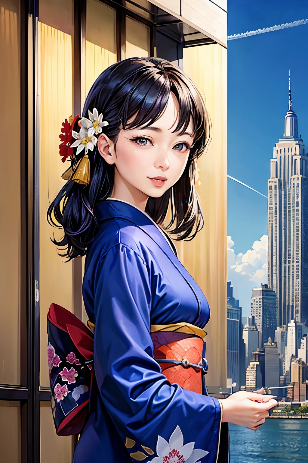 ((highest quality))、(masterpiece)、(detailed)、Perfect Face、'((A woman wearing a kimono))、Age 35、Inspired by that?、、(((new york、skyscraper、blue sky)))