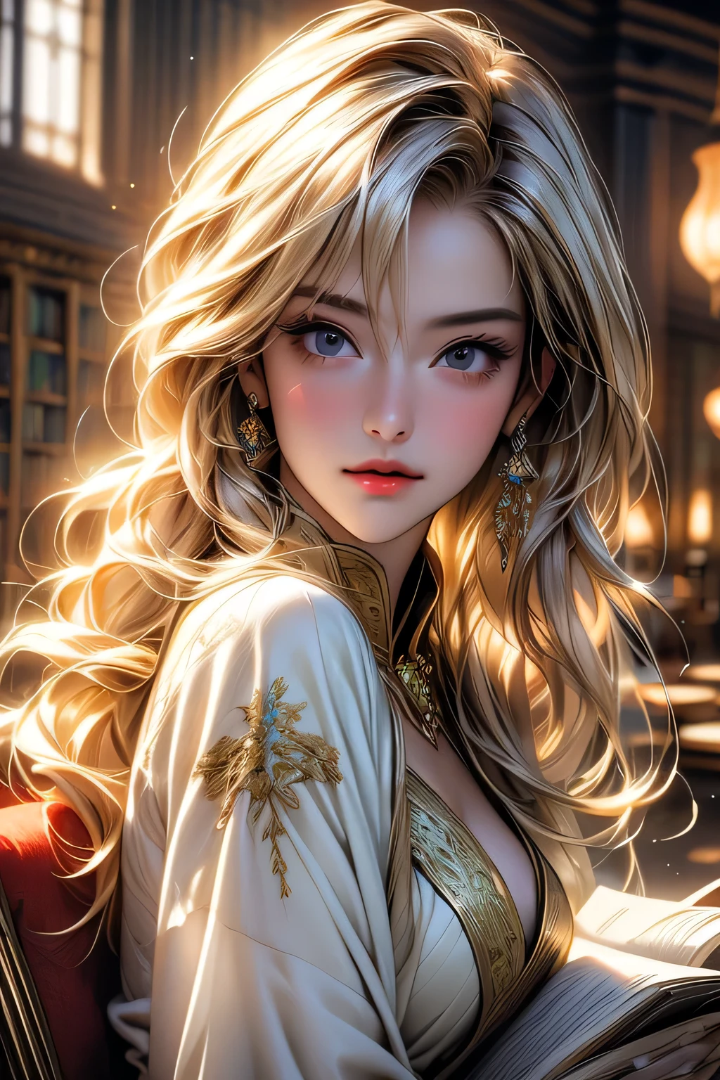 (((masterpiece, 最high quality, High resolution, Attention to detail)))), One, ((Fantasy)))), (A beautiful woman)))), (White short skirt with gold embroidery), (Long straight blonde hair), (Shiny, dark black eyes), (Green surcoat with gold embroidery), big, (((Royal Capital National Library)), (A large space with lots of books)), Sitting on a chair , Particles of light flying､Upper body portrait､masterpiece, 最high quality, high quality, High resolution,((Face close-up))