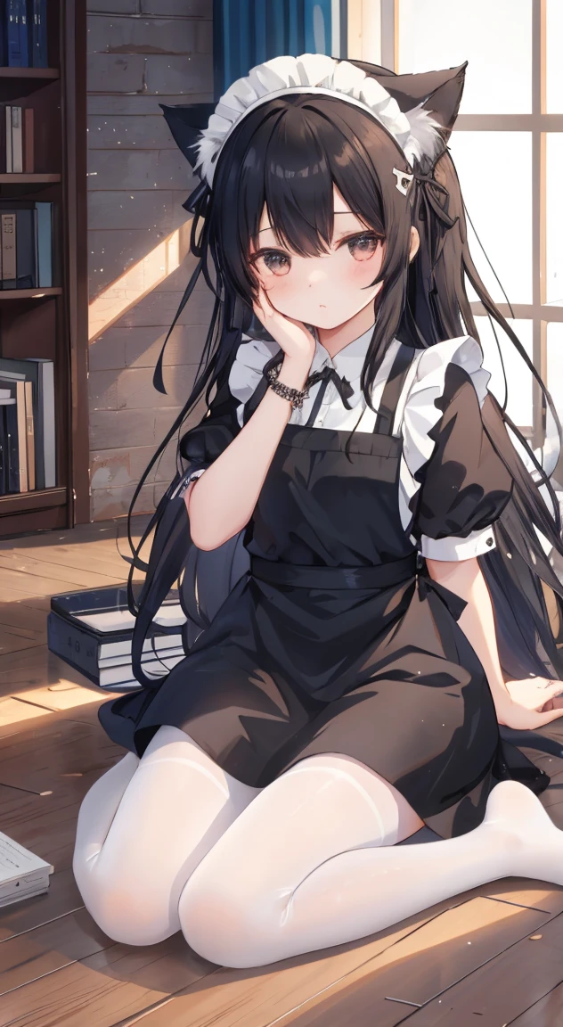  One girl, alone, Long Hair, Black Hair, dress, ribbon, Holding, Animal ears, jewelry, Sitting, whole body, Short sleeve, pantyhose, indoor, Cat ear, apron, bracelet, feet, Book, black pantyhose, Maid, Maid headdress, Toes, wariza, No shoes, feet裏, Maid apron, Holding Book, On the floor, Cover your face