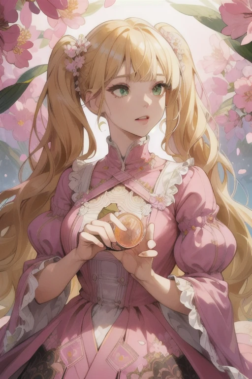 (Absurd, High resolution, Super detailed), One girl, Mature Woman, Wavy blonde hair, Twin tails, Blunt bangs, Green Eyes, Pink Dress, Detailed eyes and face, Intricately designed vintage dress、Highly detailed CG Unity 8k wallpaper, Intricate details, break , Kaleidoscope image, Symmetrical pattern, Vibrant colors, geometric shapes, Captivating Design, Optical illusion, dynamic composition break , Pantomime Art, Expressive body language, Silent Storytelling, Emotional gestures, Visual storytelling, theatrical performances break , Blooming Flowers, colorful petals, Fragrant Scent, Blessings of Nature, Vibrant Gardens, Serene landscape