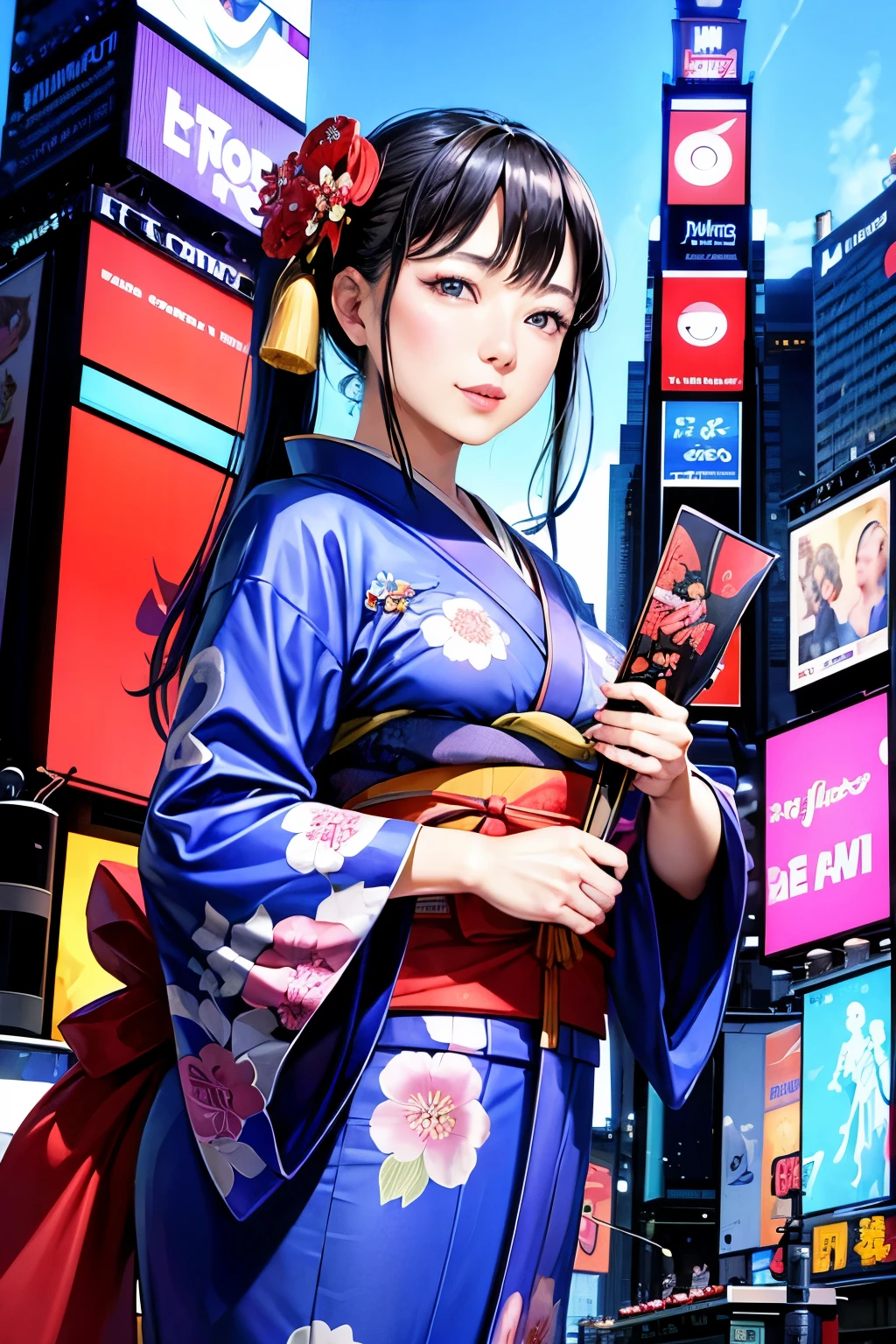 ((highest quality))、(masterpiece)、(detailed)、Perfect Face、'((A woman wearing a kimono))、Age 35、Inspired by that?、、(((new york、Times square、blue sky)))