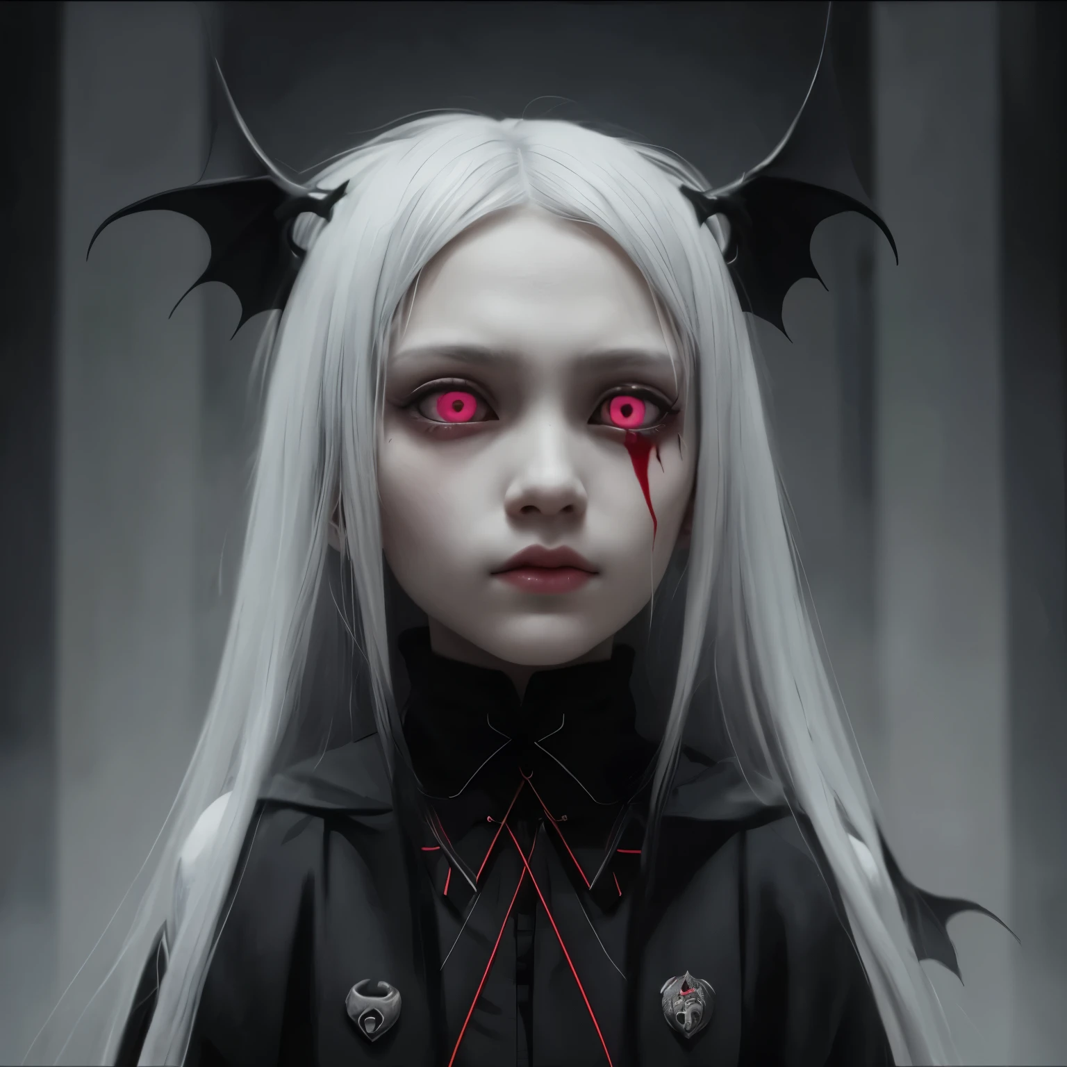 10 years old evil girl is a head of an evil organization,black eyes,long hair,grey hair,bat wing coming out of the head covering half of the face,darkest red bright eyes