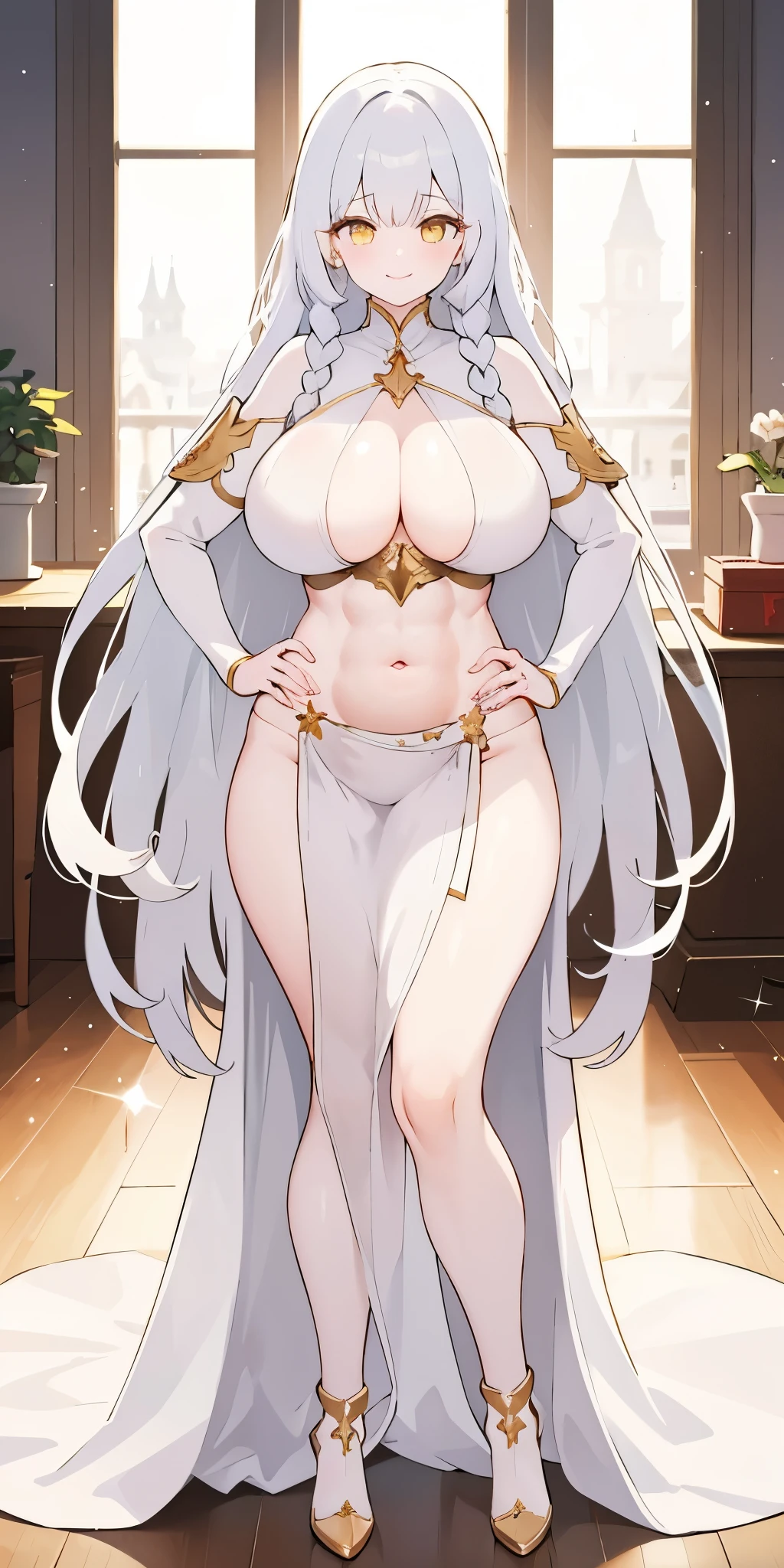 1girl full body standing, hairstyle with a braid, white colored hair, yellow eyes, perfect lighting, muscular, thighs, mature woman, mummy, bellybutton, abs, looks at the viewer smile RED CHEEKS, extremely huge breasts, maternal, porcelain skin, extra very long hair, sparkly skin, good face, chest cover, HANDS ON HIPS