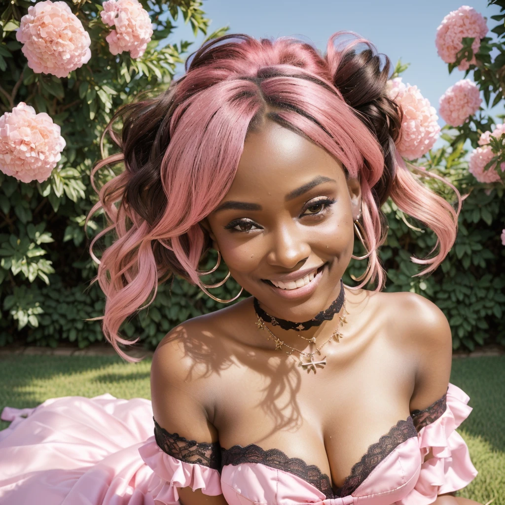 cinematic photo, absurdres, 1girl, beautiful 18 year old ebony girl, glamorous black woman, big brown eyes, (blush, open mouth smile), pink hair and dress, tiara, ribbons in hair, low-cut neckline with lace trim, (((dark skin!!!))), sitting in a garden, huge tits, full plump breasts, cleavage, (very intense makeup), sweet smile, happy, eager, excited look, lewd expression, suggestive smile, lace ribbon choker necklace, wearing pink slave collar