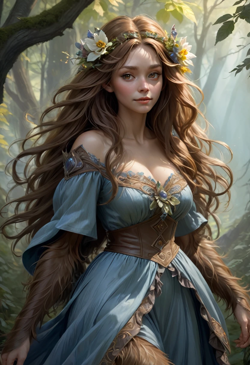 Brian Froud Inspired Female Sasquatch With A Sophisticated Persona, Wearing A Dickensian Folmal Dress. Sweetness, Sunshine, Happiness, Love, Hope, Virtue. Full Body Pose. Wholesome Look, Exudes An Innocent Grace. Official Art, Award Winning Digital Painting, Digital Illustration, Extreme Detail, 4k, Ultra Hd, Rococo, Polished, Intricate, Realistic Fantasy Art, Sharp Focus, Concept Art, Art By Wlop, Artgerm, (2d Vector Illustration)