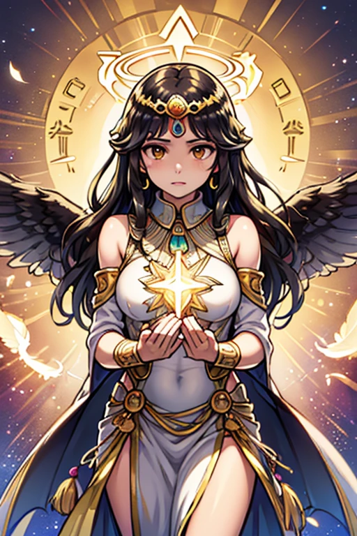 (best quality,4k,8k,highres,masterpiece:1.2),ultra-detailed,(realistic,photorealistic,photo-realistic:1.37),goddess Isis,beautiful young women,emerald brown eyes,dark black wavy hair,egyptian queen,serene expression,majestic wings,feathers shining with iridescence,,elaborate headdress,jeweled collar,hidden power,floating in mid-air,glowing golden halo,,sunlit columns,ancient Egyptian symbols,vibrant colors,divine radiance,symbol of fertility and rebirth,spiritual presence,strong mystical aura,peaceful yet commanding presence