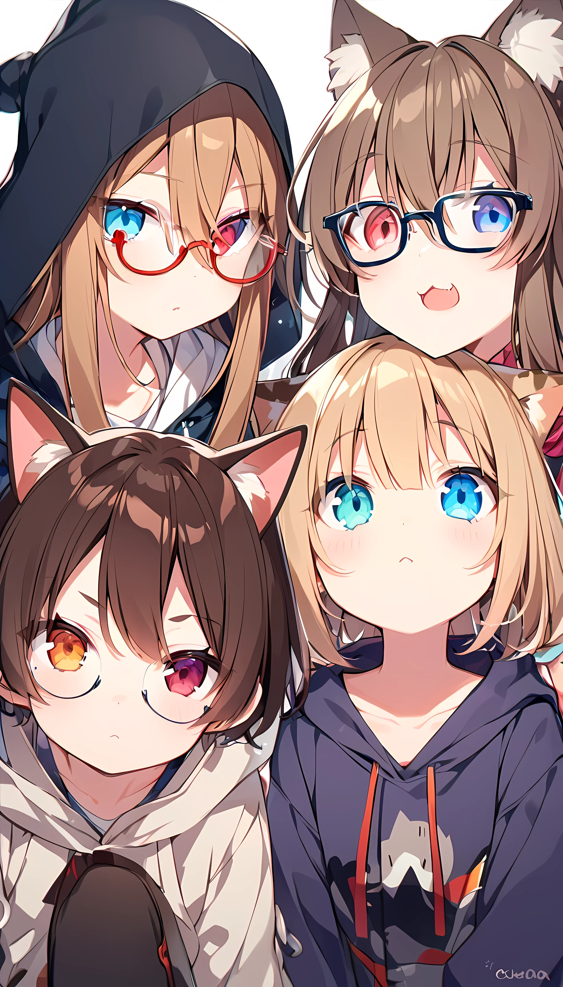 juvenile,Brown Hair,Heterochromia Red Eyes Blue Eyes,Glasses,hoodie,cute,Cat ear,Cat&#39;s Tail