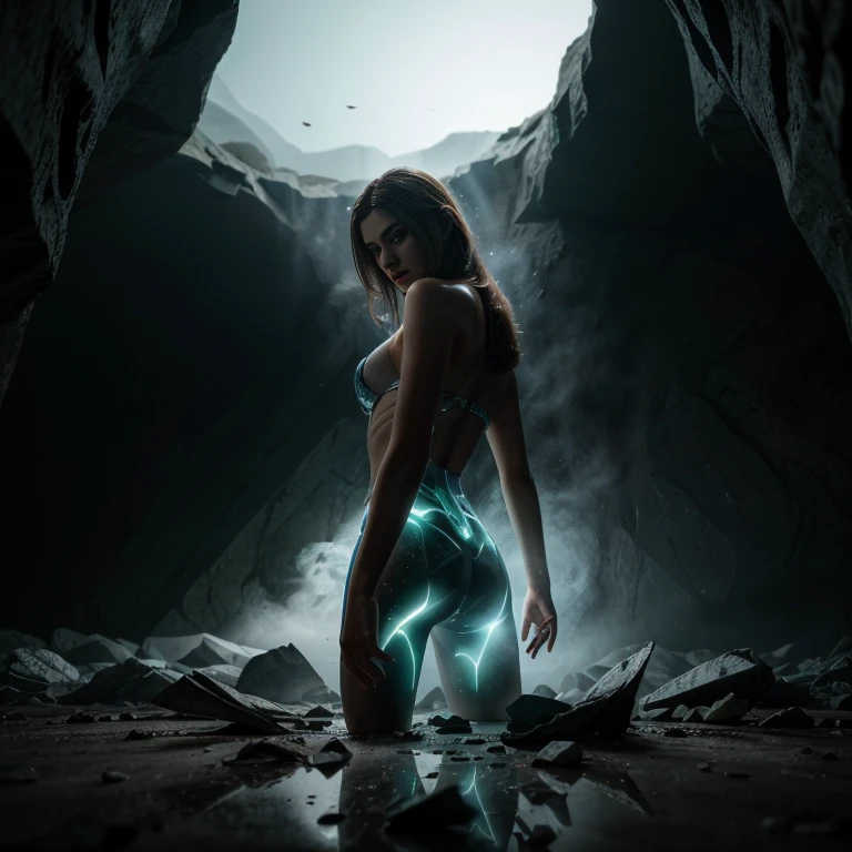 (YES NSFW). (a photo of 8k ultra realistic corrupted rainbow transparent glass humanoid Goddess standing next to a spaceship window overlooking earth, swarm of transparent glass shards, cinematic lighting, trending on artstation, 4k, hyperrealistic, focused, extreme details, unreal engine 5, cinematic, masterpiece), bodytowel, Looking at the viewer, High details, Backlit. Diffuse lights. Viewed from bottom, lower point of view. Dutch angle. realistic hands, wide angle. Isometric, green fog in cave, smoke around, Ultra realistic, 16k, best quality, high resolution
