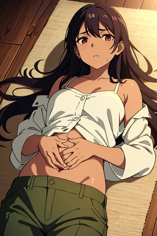 (masterpiece, high quality), brown skin anime girl wearing a button up cami top and trousers, famished in hunger, (gently resting hands on stomach), (oily glossy skin), (long hair), (hands on her stomach), (lying on the floor)
