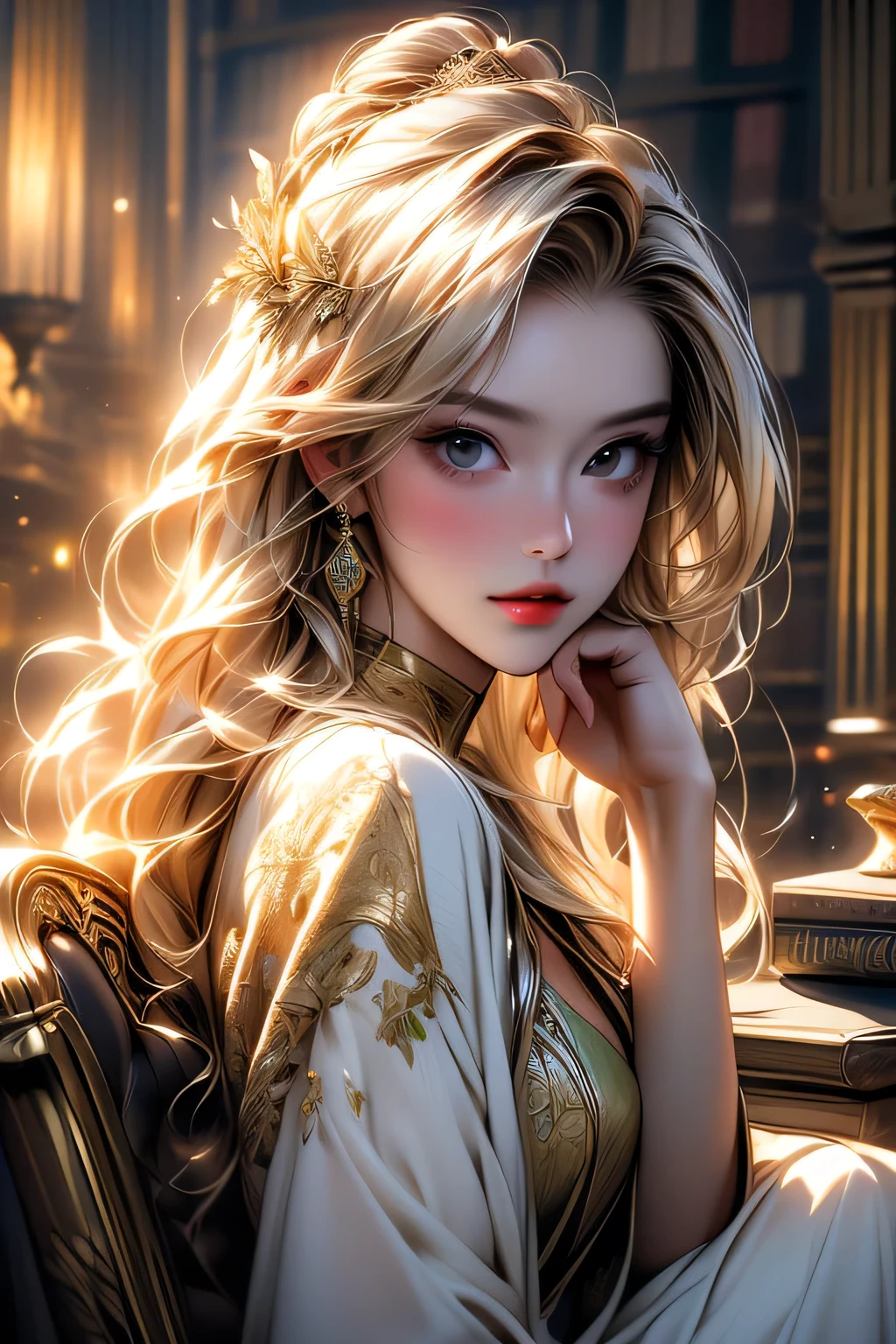 (((masterpiece, 最high quality, High resolution, Attention to detail)))), One, ((Fantasy)))), (A beautiful woman)))), (White short skirt with gold embroidery), (Long straight blonde hair), (Shiny, dark black eyes), (Green surcoat with gold embroidery), big, (((Royal Capital National Library)), (A large space with lots of books)), Sitting on a chair , Particles of light flying、Upper body portrait、masterpiece, 最high quality, high quality, High resolution,((Face close-up))
