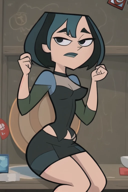 (8k, RAW photo, best quality, masterpiece:1.2), (intricate details), perfect eyes, perfect face, perfect lighting, beautiful, (masterpiece:1.2), (best quality:1.2), 1girl, cartoon style, gwentdi, solo, black eyes, face portrait, look at the viewer, potbelly