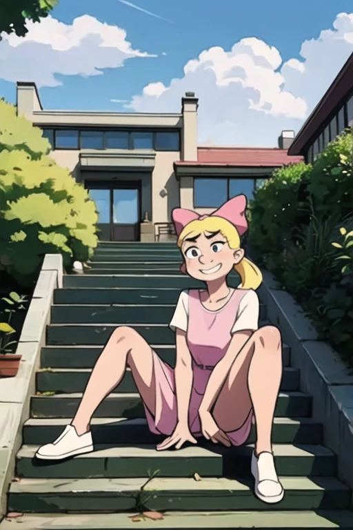 Weekend, Blonde hair, floating hair, black eyes, ponytail, Monobrow, bow, White shirt, Pink dress, white shoes, see from viewer, serious, grin, sitting, spread legs, from_below, On the stairs, outside, city, overcast, high quality, masterpiece 