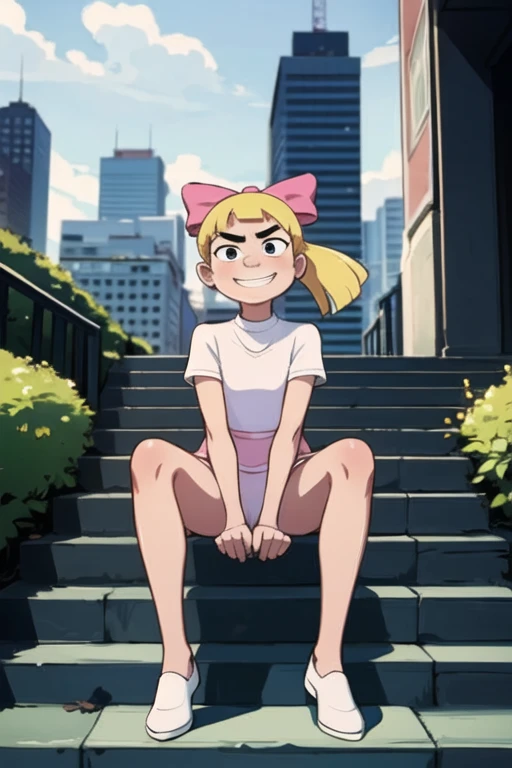 Weekend, Blonde hair, floating hair, black eyes, ponytail, Monobrow, bow, White shirt, Pink dress, white shoes, see from viewer, serious, grin, sitting, spread legs, from_below, On the stairs, outside, city, overcast, high quality, masterpiece 