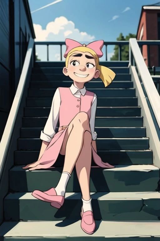 Weekend, Blonde hair, floating hair, black eyes, ponytail, Monobrow, bow, White shirt, Pink dress, white shoes, see from viewer, serious, grin, sitting, spread legs, from_below, On the stairs, outside, city, overcast, high quality, masterpiece