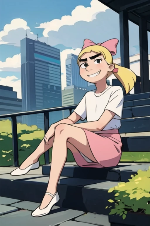 Weekend, Blonde hair, floating hair, black eyes, ponytail, Monobrow, bow, White shirt, Pink dress, white shoes, see from viewer, serious, grin, sitting, spread legs, from_below, On the stairs, outside, city, overcast, high quality, masterpiece 