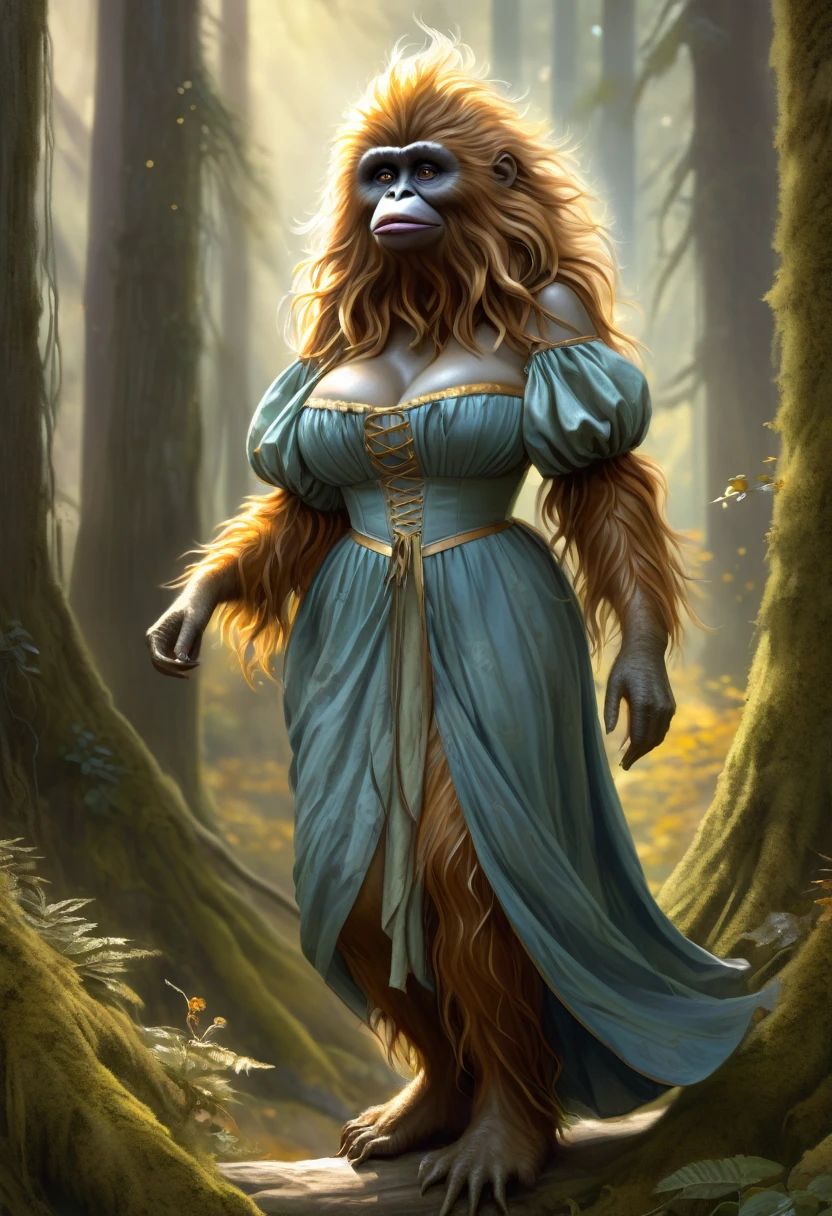 Brian Froud Inspired Female Sasquatch With A Sophisticated Persona, Wearing A Dickensian Folmal Dress. Sweetness, Sunshine, Happiness, Love, Hope, Virtue. Full Body Pose. Wholesome Look, Exudes An Innocent Grace. Official Art, Award Winning Digital Painting, Digital Illustration, Extreme Detail, 4k, Ultra Hd, Rococo, Polished, Intricate, Realistic Fantasy Art, Sharp Focus, Concept Art, Art By Wlop, Artgerm, (2d Vector Illustration)