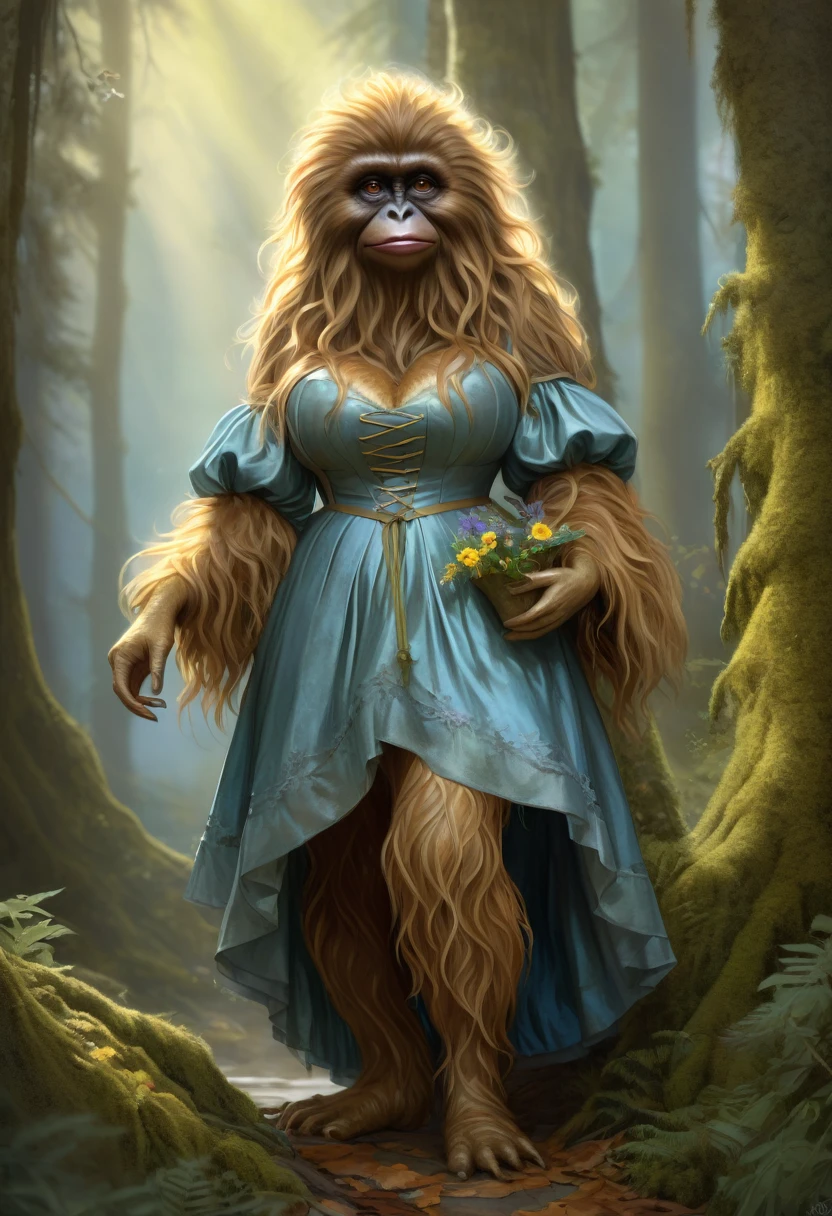 Brian Froud Inspired Female Sasquatch With A Sophisticated Persona, Wearing A Dickensian Folmal Dress. Sweetness, Sunshine, Happiness, Love, Hope, Virtue. Full Body Pose. Wholesome Look, Exudes An Innocent Grace. Official Art, Award Winning Digital Painting, Digital Illustration, Extreme Detail, 4k, Ultra Hd, Rococo, Polished, Intricate, Realistic Fantasy Art, Sharp Focus, Concept Art, Art By Wlop, Artgerm, (2d Vector Illustration)

