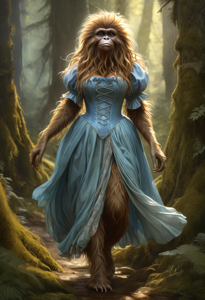 Brian Froud Inspired Female Sasquatch With A Sophisticated Persona, Wearing A Dickensian Folmal Dress. Sweetness, Sunshine, Happiness, Love, Hope, Virtue. Full Body Pose. Wholesome Look, Exudes An Innocent Grace. Official Art, Award Winning Digital Painting, Digital Illustration, Extreme Detail, 4k, Ultra Hd, Rococo, Polished, Intricate, Realistic Fantasy Art, Sharp Focus, Concept Art, Art By Wlop, Artgerm, (2d Vector Illustration)