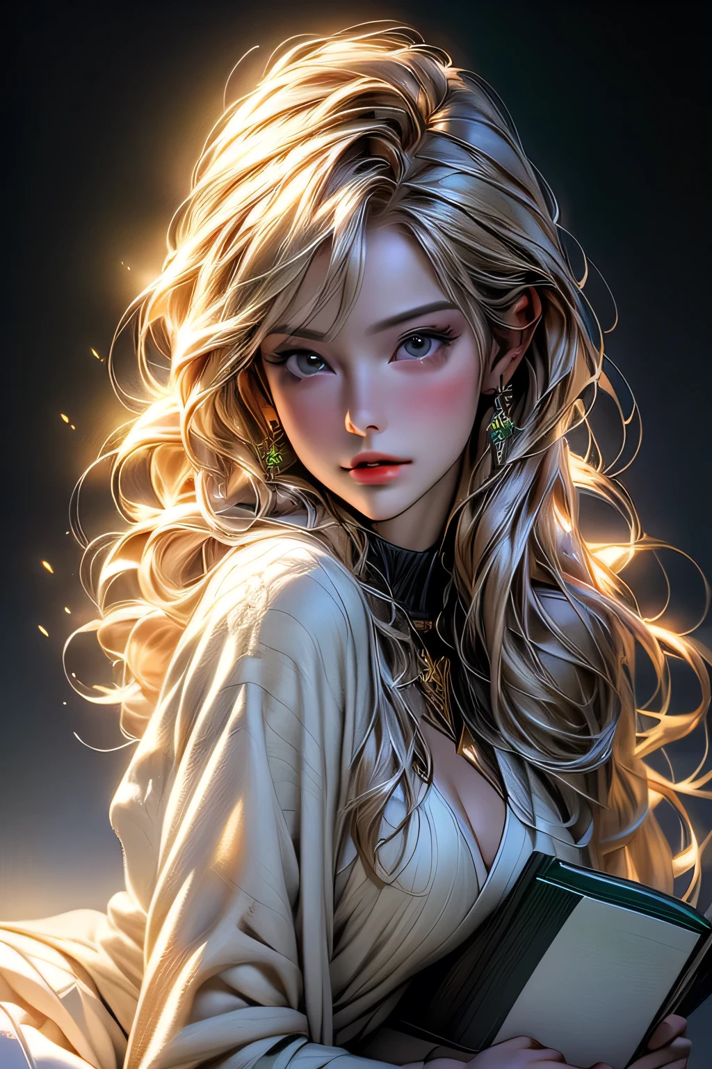 (((masterpiece, 最high quality, High resolution, Attention to detail)))), One, ((Fantasy)))), (A beautiful woman)))), (White short skirt with gold embroidery), (Long straight blonde hair), (Shiny, dark black eyes), (Green surcoat with gold embroidery), big, (((Royal Capital National Library)), (A large space with lots of books)), Sitting on a chair , Particles of light flying、masterpiece, 最high quality, high quality, High resolution,((Face close-up))