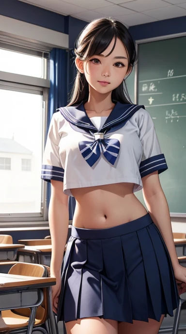 Woman in classroom, ((crop top sailor suit)), blue student skirts, open navel, open belly, (show abdomen area), 35 year old, adult look , 