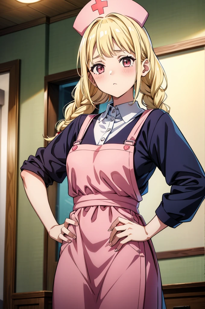 a girl is wearing a nurse outfit and she has a giant knife, 1girl, solo, twin braids, braid, blonde hair, holding, looking at viewer, long hair, apron, hat, blush, hand on hip, shirt, collared shirt, indoors