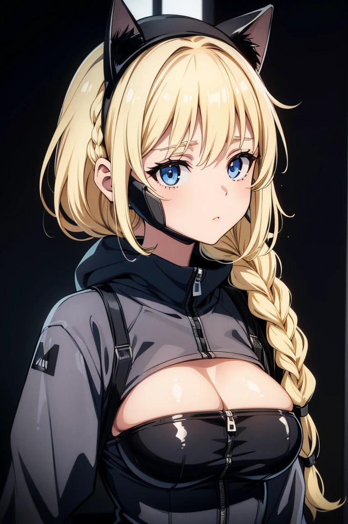 holding a pistol 、Sleeveless、'No sleeve'恥ずかしい、Embarrassed、Only the face、Face Up、1 person、No sleeve、Ahegao、ponytail、blonde、amount、Blue Leather Shirt、Sara、No sleeve、best quality, super fine illustration,(((beautiful fine hair))),(((beautiful fine face))),(((beautiful fine background))),blue-black leather pants, silver zipper,belt below the waist,super fine illustration,(((beautiful fine hair))),(((beautiful fine face))),(((beautiful fine background))),normal small size,bangs bangs ,(((beautiful fine hair))),(((beautiful fine face))),(((beautiful fine background))),blond hair , showing forehead, silver center zipper, leather blue black bodysuit, sleevelesblue blacks, shiny, blonde ponytail