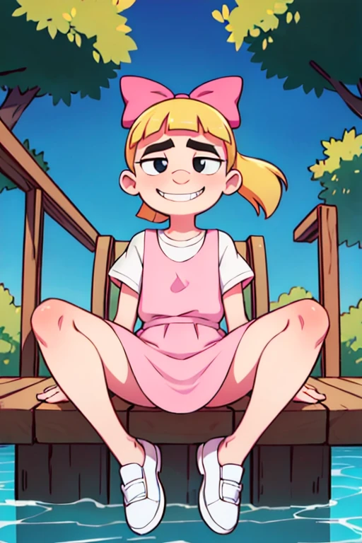 Blonde hair, floating hair, black eyes, twintails, unibrow, bow, White shirt, Pink dress, white shoes, looking on viewer, grin, sitting, spread legs, from_below, high quality, masterpiece 