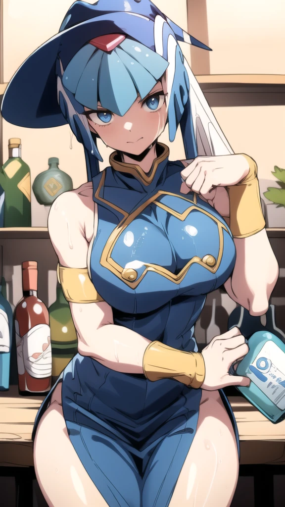 leviathan_megamanz, 1 girl, looking at viewer, sitting on a stool, leaning on a bottle of tequila in her hand, cowboy dress, cowboy hat, watch on right arm, wet pussy