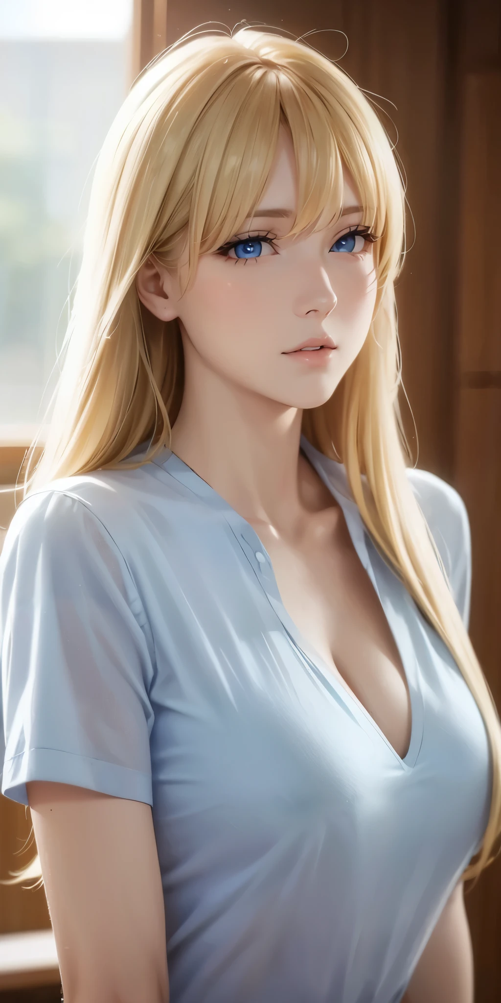 Upper body, elegant, adult woman, long neck, long blonde hair, bangs, casual shirt, cleavage, blue eyes, soft light, high quality, 4k resolution