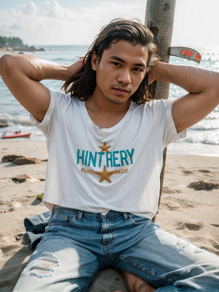 film grain photo, intense sunlight, Low lighting, light dust, lens flare, light, Old photo, cool color, sun-kissed skin, sitting, close up, looking back, Show face, from above, 25 year old Indonesian man, white t-shirt with the name 'DOEL' embroidered top left, distressed cargo jeans, beach background with prominent waves, realistic, HD 16k, distant angle view, transparent water
