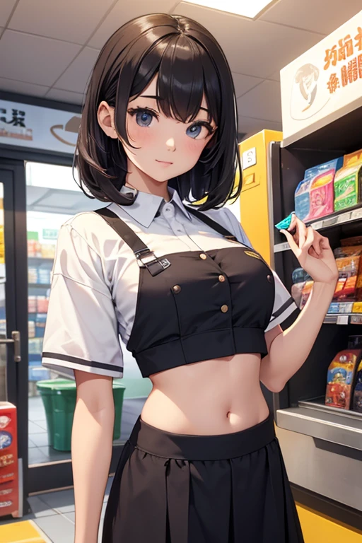Cashier girl, crop top cashier uniform, showing navel, convenience store, behind the cashier, 25 years old