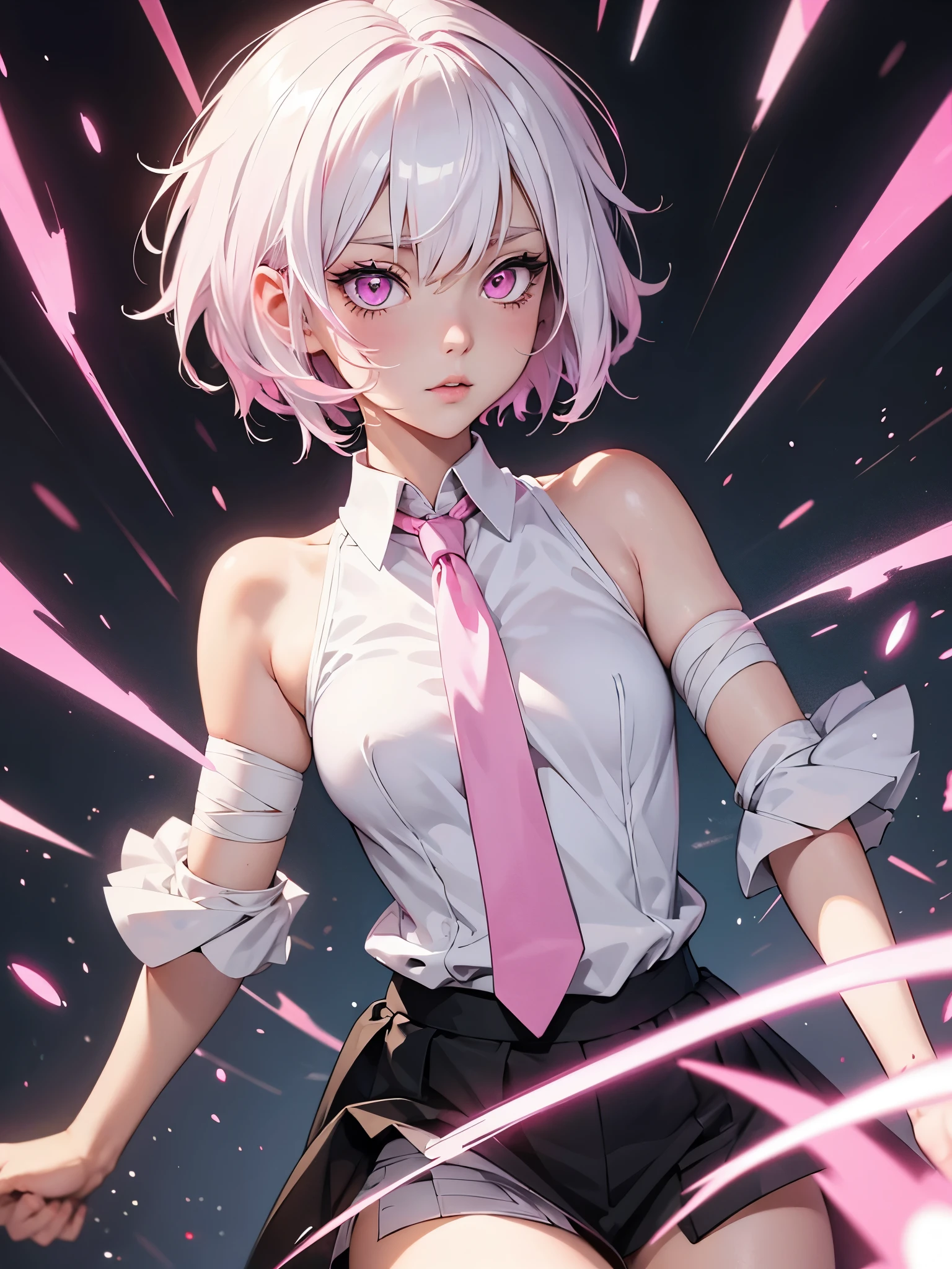White hair. Short hair. Inner pink hair. Anime girl. Pink eyes. Glowing eyes. Nekomimi. White and black clothes. Pink tie. Bandage in elbow.