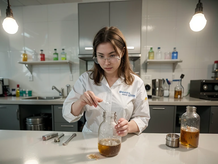 "Create a picture that presents laboratory work. The worker is wearing white safety protective equipment. The worker is observing the jar test with bakerglass and also observing bacteria with a microscope. The background is a laboratory room that looks clean and orderly. There are various analytical equipment such as burret , distillator, microwave oven, desiccator, flask, fumehood, autoclave, and spindle flocculator test jar."