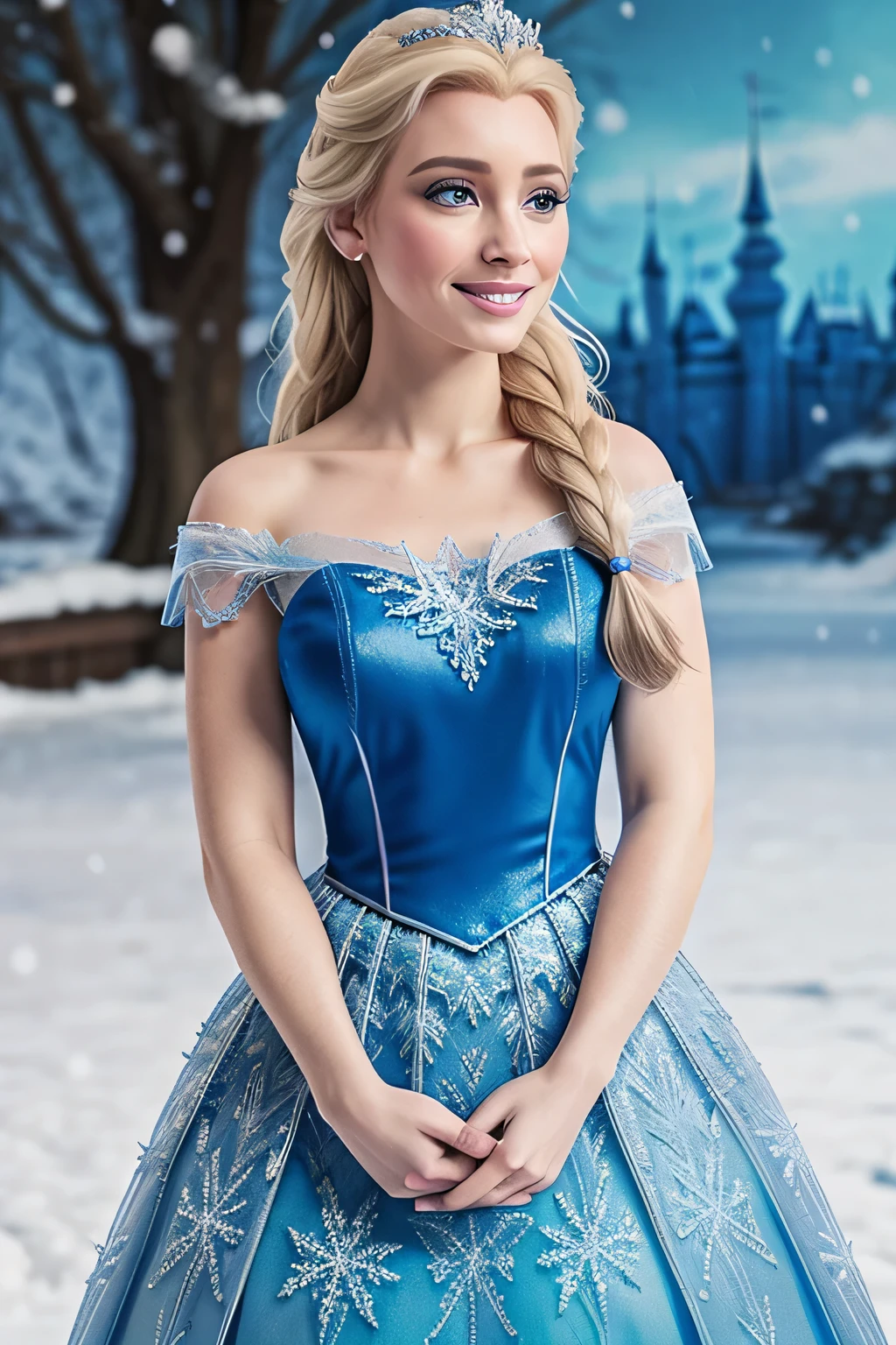 imagine disney princess elsa realistic look with her iconic blue dress, standing, snow castle background