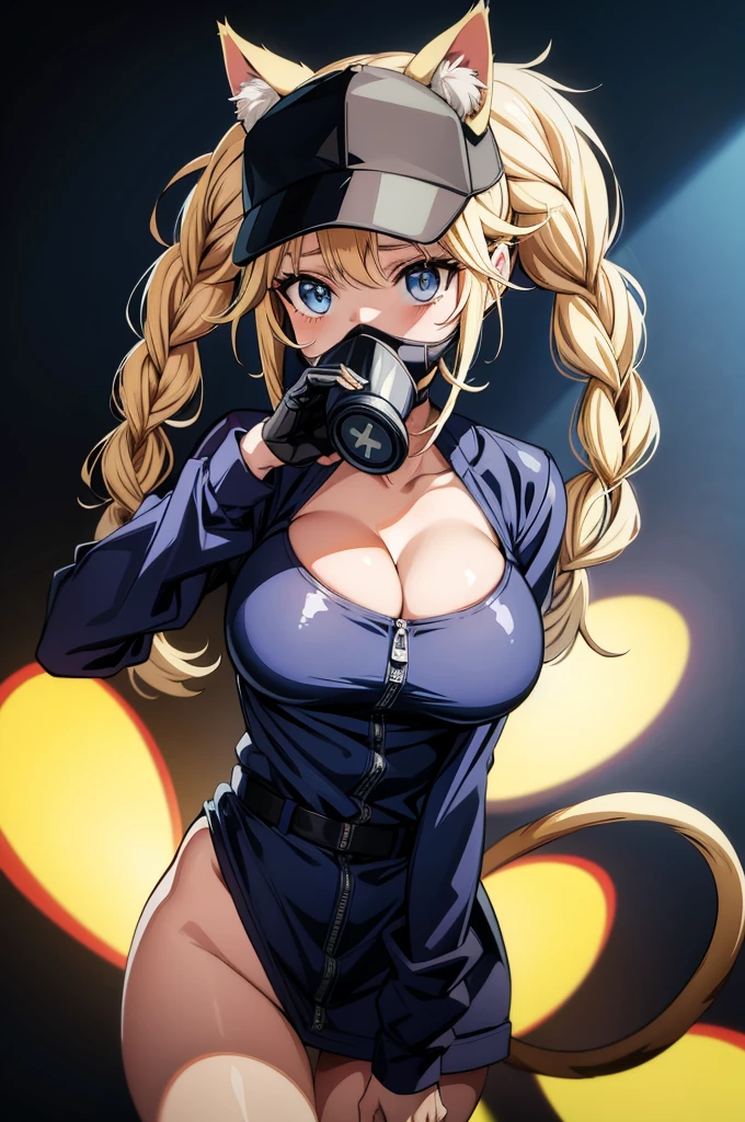 a drawing of anime drawn female wearing a gas mask and latex outfit, 1girl, solo, hat, breasts, blue eyes, animal ears, twin braids, blonde hair, long hair, braid, looking at viewer, cleavage, mask, baseball cap, large breasts, black headwear, cat ears, long sleeves, cat mask