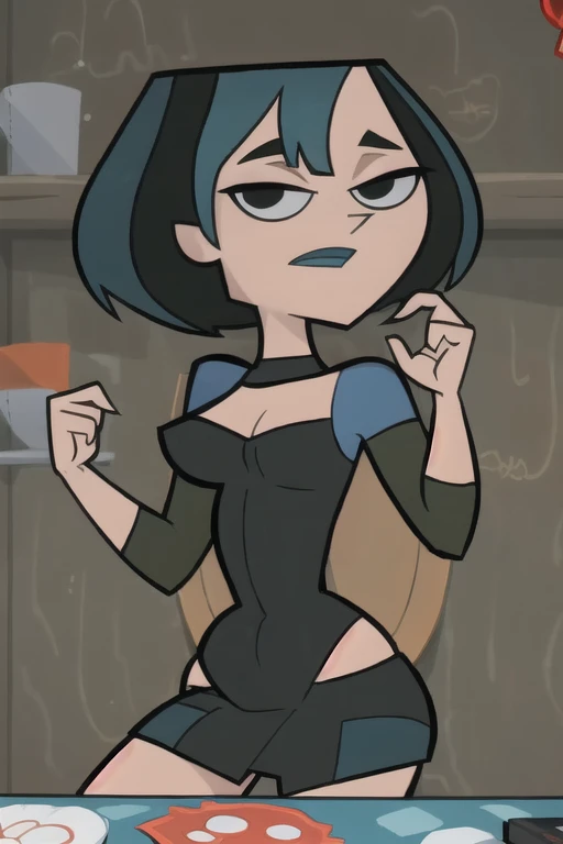(8k, RAW photo, best quality, masterpiece:1.2), (intricate details), perfect eyes, perfect face, perfect lighting, beautiful, (masterpiece:1.2), (best quality:1.2), 1girl, cartoon style, gwentdi, solo, black eyes, face portrait, look at the viewer, potbelly, pudgy