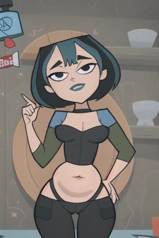 (8k, RAW photo, best quality, masterpiece:1.2), (intricate details), perfect eyes, perfect face, perfect lighting, beautiful, (masterpiece:1.2), (best quality:1.2), 1girl, cartoon style, gwentdi, solo, black eyes, face portrait, look at the viewer, potbelly, pudgy, exposed navel
