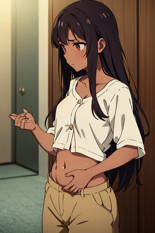 (masterpiece, high quality), brown skin anime girl wearing a button up cami top and trousers, famished in hunger, (gently resting hands on stomach), (sweating), (glossy skin), (long hair), (hands on her stomach)