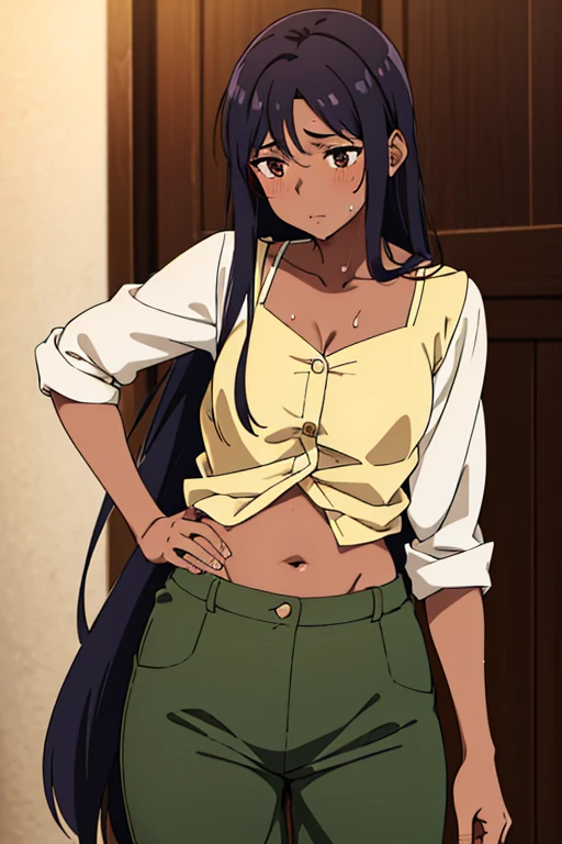 (masterpiece, high quality), brown skin anime girl wearing a button up cami top and trousers, famished in hunger, (gently resting hands on stomach), (sweating), (glossy skin), (long hair), (hands on her stomach)