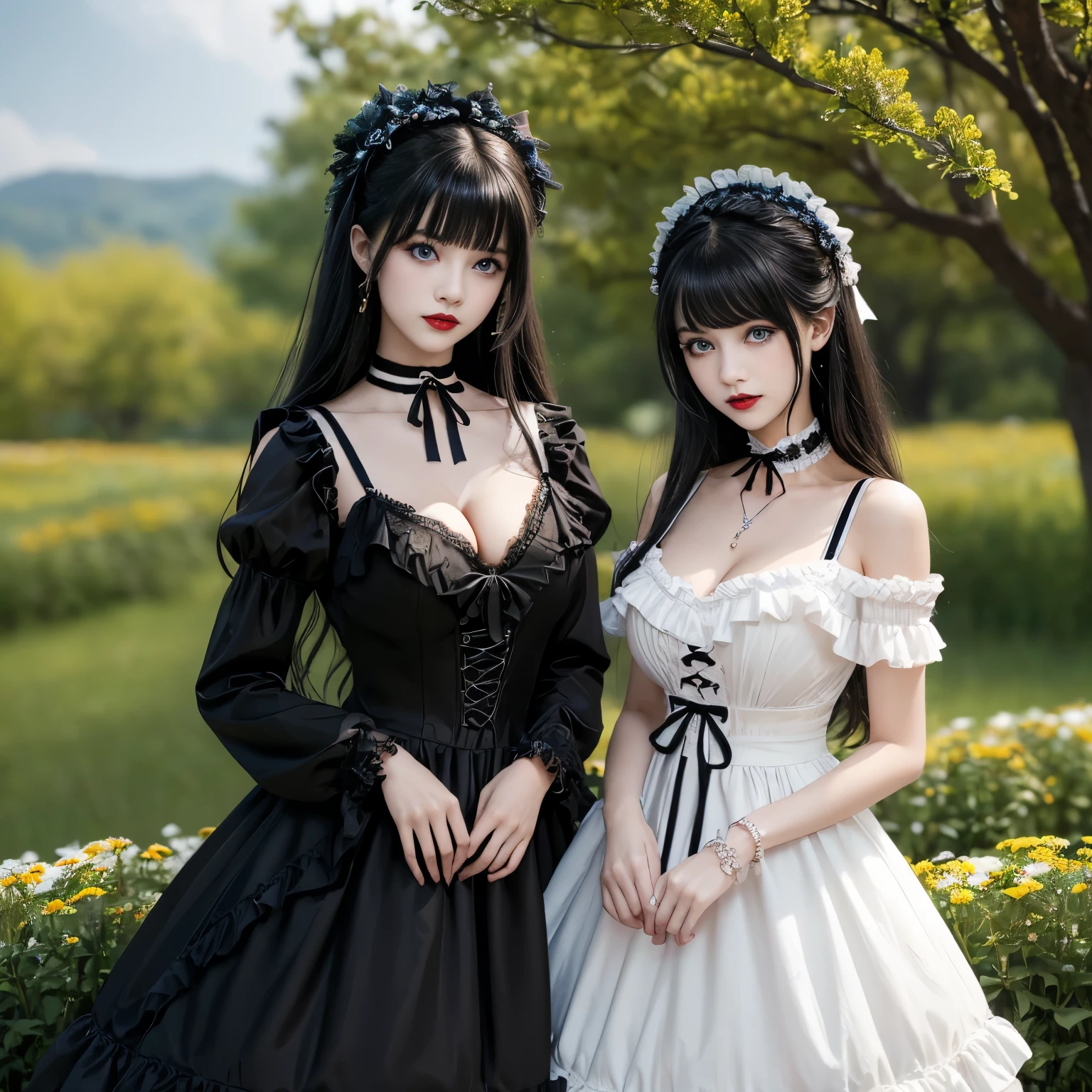 masterpiece,highest quality,Highest Resolution,super high quality,16k raw photos:1.5,Surreal:1.5、Physically Based Rendering、((peaceful,quiet,Chill,Detailed outdoor background,Beautiful Landscape,Fantasy,summer,sunny,Sunburned,Flowers,Tree landscape:1.4)),Warm sunshine、Portraiture,self-portrait、Super Beautiful One Girl,手を前に出してAre standingゴスロリの少女,,beautiful big blue eyes,Clear lapis lazuli eyes,Delicate thin eyebrows,Eye highlights,Extra Long Hair,Complicated hairstyle,Highly detailed face and skin texture、Sharp focus,Clear focus:1.2、Red-black lips,Thick eyelashes、Slender beauty:1.4,((Beautiful breast bulge:1.5,Cleavage)),Slim Abs、Oval Face,Lip gloss,Red and black soft lips,Distinctive facial features,Downcast eyes,Shy expression,smile、Are standing、(((Dressed as a goth girl, Black and white dress, Frills, ribbon, Puffy sleeves, Exposing shoulders, Lace choker, jewelry,)))、(((sad,melancholy)))、Lip glossで艶やかな唇に,Red-black lips、