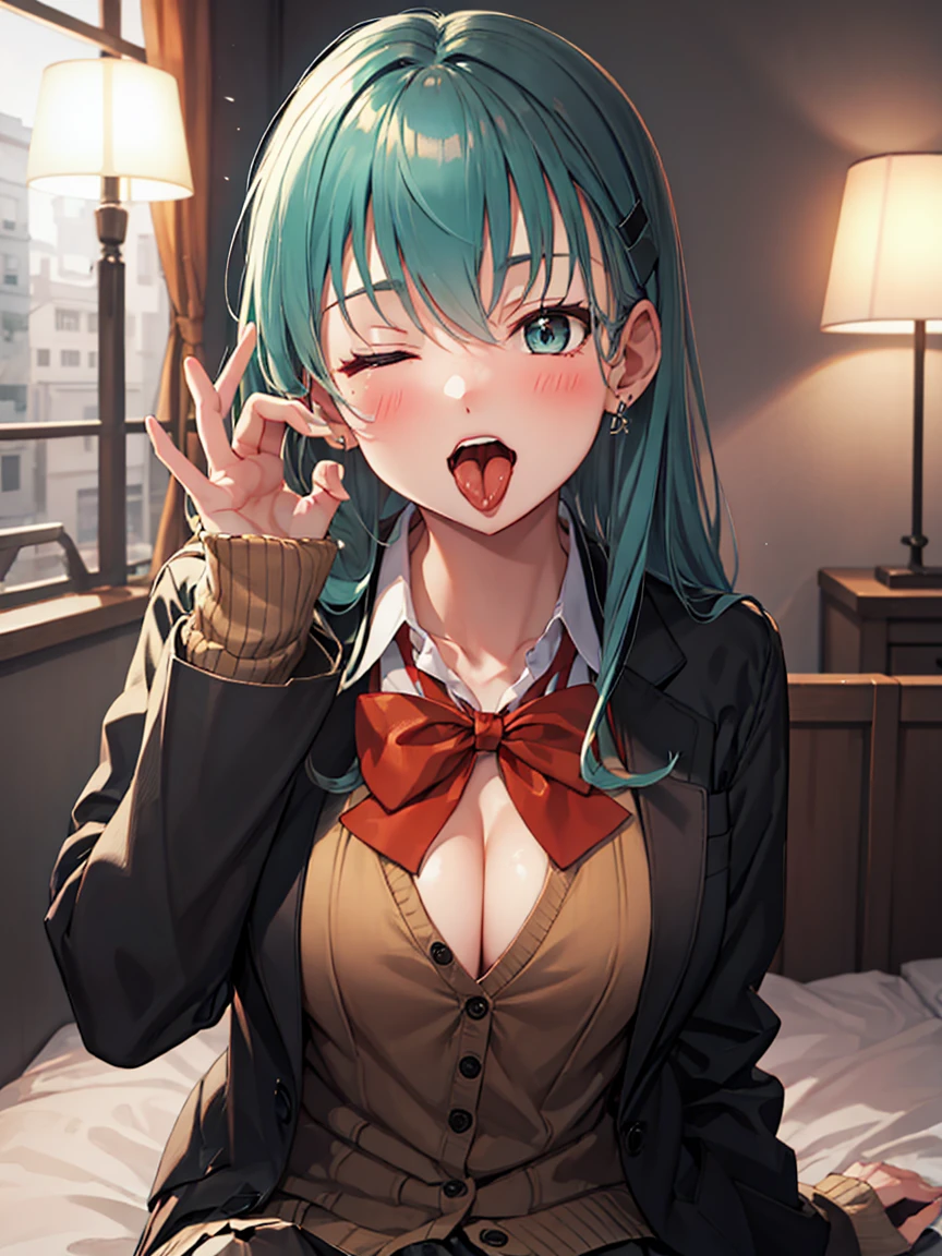 suzuya_kantaicollection, long_hair, hair_ornament, aqua_hair, hairclip, blush, breasts, smile, aqua_eyes, green_eyes, hair_between_eyes, large_breasts, green_hair, blazer, bow, bowtie, (brown_jacket), cardigan, jacket, looking_at_viewer, red_bow, school_uniform, red_bowtie, 1girl, solo, mature
BREAK 
ok sign, (bust up shot:1.2), (face focus), sitting, from above
BREAK
(happy), embarrassed laugh, (blush), (open your mouth:1.3), (tongue out:1.3), (winking, one eye closed)
BREAK
official art, best masterpiece, best quality, best resolution, 8K, best detailed, highly detailed hands, highly detailed fingers, very detailed mouth, perfect anatomy
BREAK
(indoor, bedroom), dust, dust, light particles, very fine and detailed 16KCG wallpapers