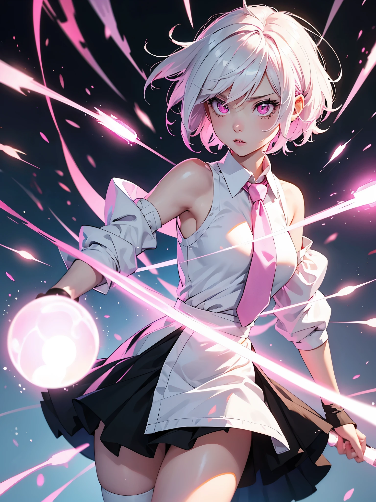 White hair. Short hair. Inner pink hair. Anime girl. Pink eyes. Glowing eyes. Nekomimi. White and black clothes. Pink tie. Bandage in elbow. Shooting energy ball.