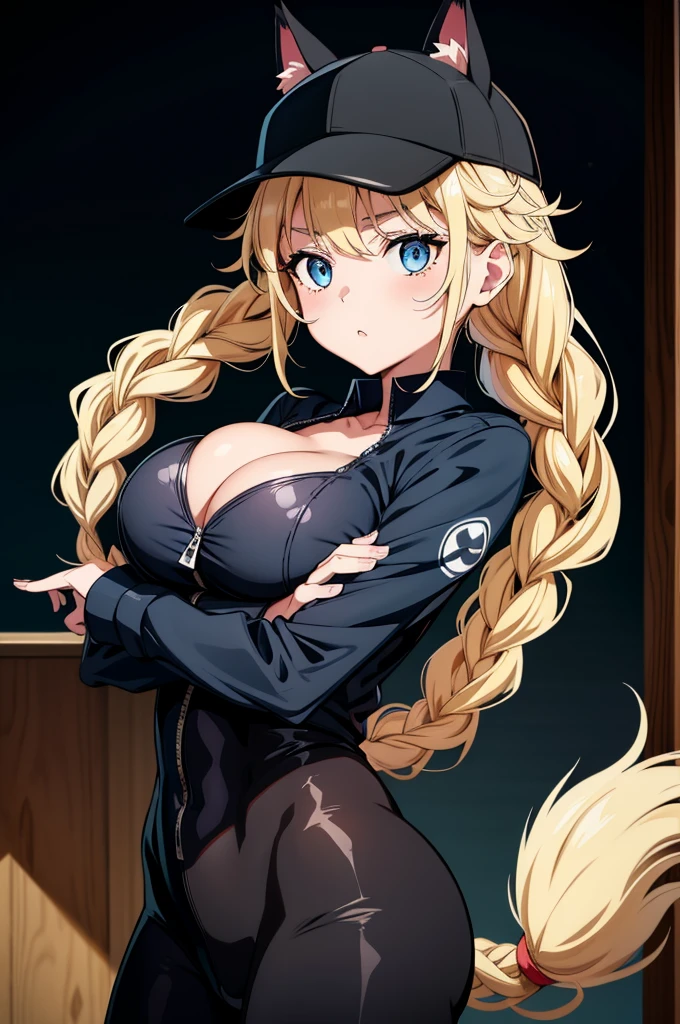 a cartoon cat girl with gas mask and black cat ears on a blank background, 1girl, solo, breasts, blonde hair, hat, blue eyes, twin braids, animal ears, braid, cleavage, looking at viewer, large breasts, mask, baseball cap, black headwear, bodysuit, long hair, extra ears