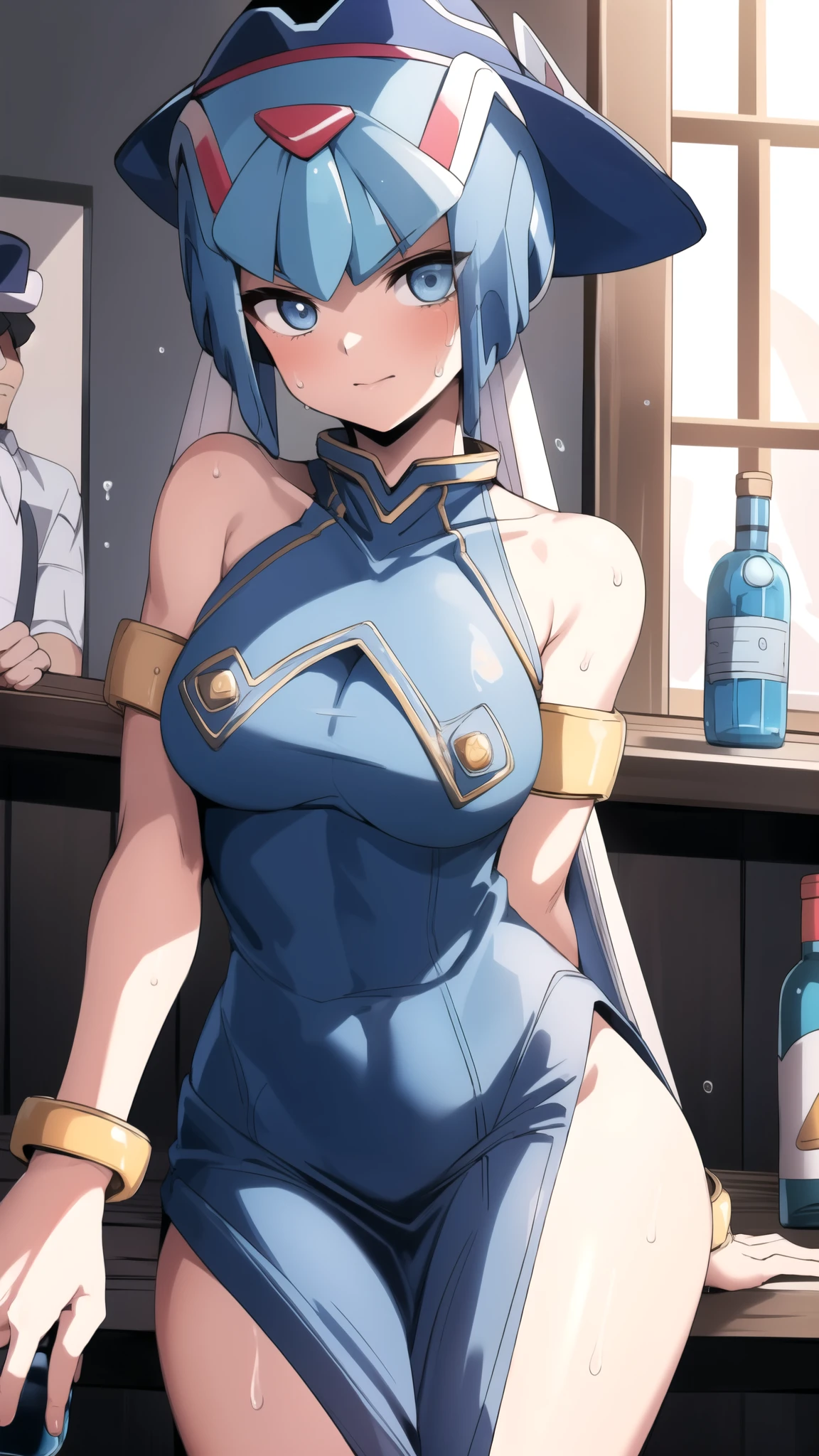 leviathan_megamanz, 1 girl, looking at viewer, sitting on a stool, leaning on a bottle of tequila in her hand, cowboy dress, cowboy hat, watch on right arm, wet pussy