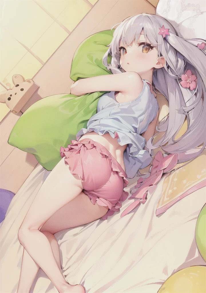 Masterpiece, anatomically correct, textured skin, high quality, best quality, highres, HD, 4K, UHD, a cute small girl laying on bed