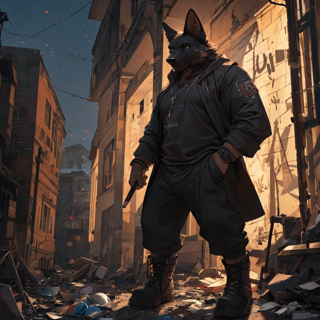 (extremely detailed:1.2), (photorealistic:1.4), 8k, masterpiece, best quality, highest quality, award winning, realistic lighting, Unreal Engine, ultra high res, high resolution scan, hyperrealistic, photorealism,
german shepherd humanoid, anthro,(black fur:1.3), muscular, fit body, strong, tough look, intimidating, black eyes, black cloak, smoking, (full body:1.2), standing, dark, gloomy, night,
detailed background, abandoned building, ruins, broken glass, graffiti, garbage