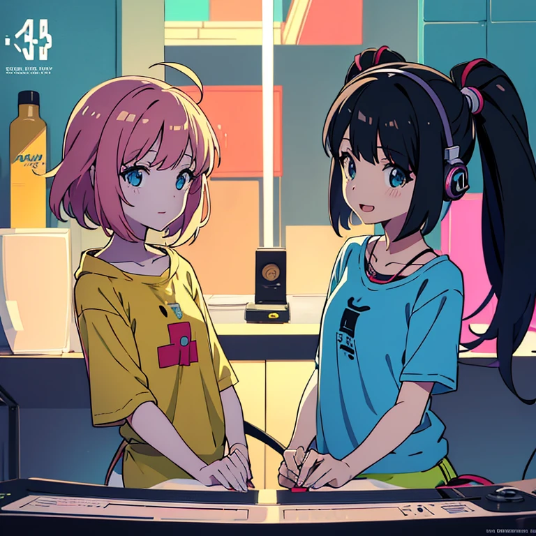 two anime girls in headphones are playing music on a turntable, anime vibes, anime style 4 k, ig studios anime style, nightcore, 8 0 s anime vibe, anime girls, anime style. 8k, lofi artstyle, dj sura, anime moe artstyle, anime style illustration, trending on cgstation, anime style artwork, e - girl running love