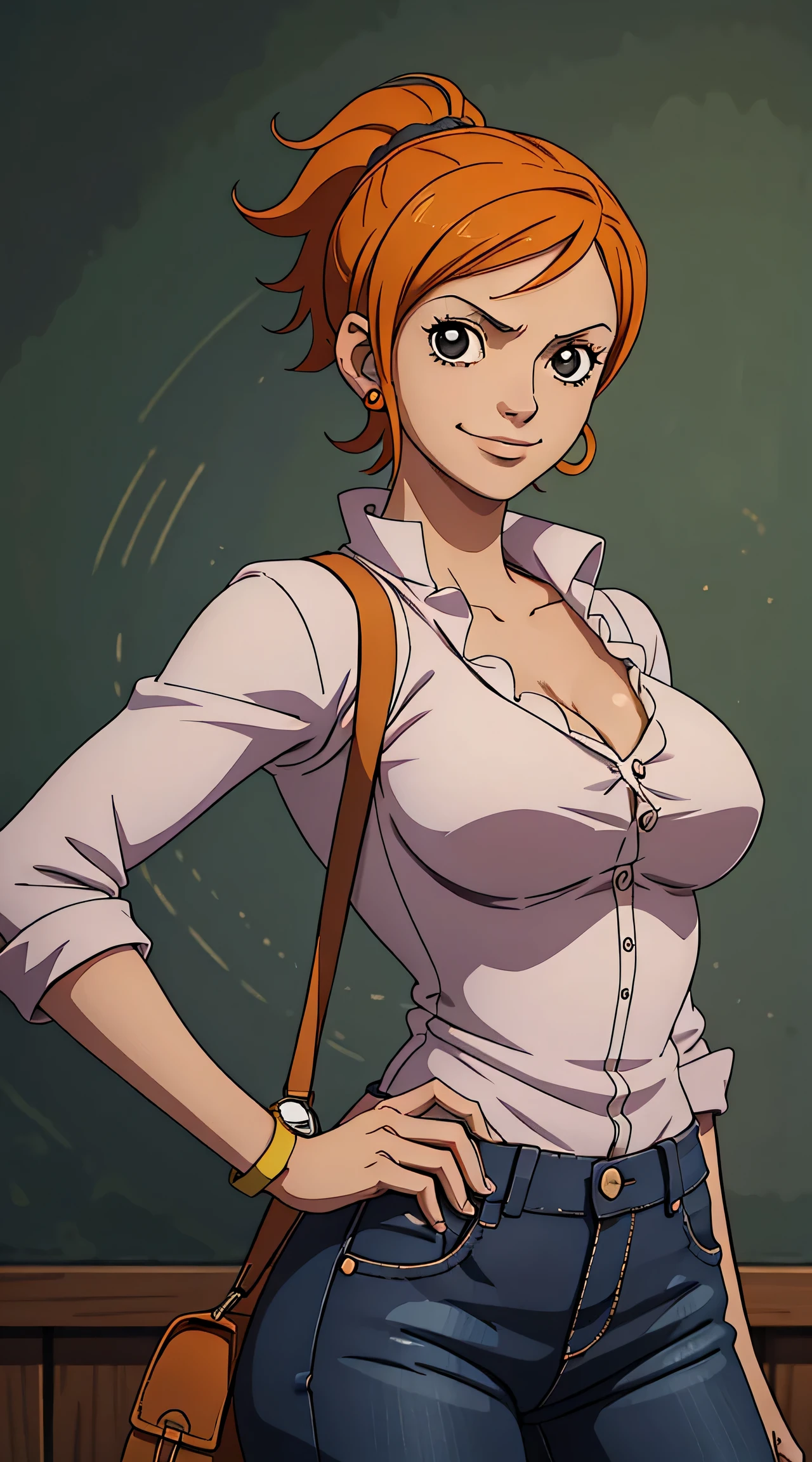 koala from anime one piece, short hair, orange hair, ponytail, beautiful, beautiful woman, perfect body, perfect breasts, wearing white shirt, black cardigan, long jeans, handbag, wearing watch, wearing earrings, in class , on campus, university, blackboard, looking at the viewer, a slight smile, realism, masterpiece, textured leather, super detailed, high detail, high quality, best quality, 1080p, 16k