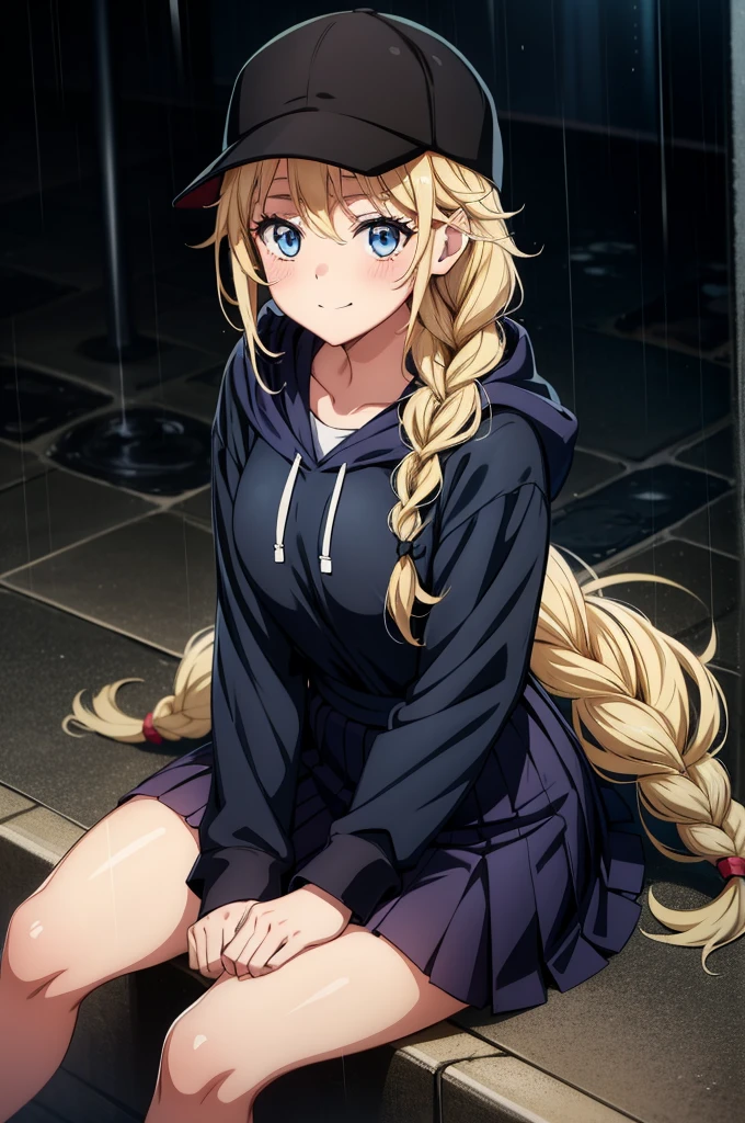 a beautiful anime drawing of an anime girl sitting on steps in rain, 1girl, solo, twin braids, hat, braid, blonde hair, blue eyes, smile, baseball cap, black headwear, rain, looking at viewer, long hair, blush, long sleeves, sitting, closed mouth, hood, skirt, black skirt