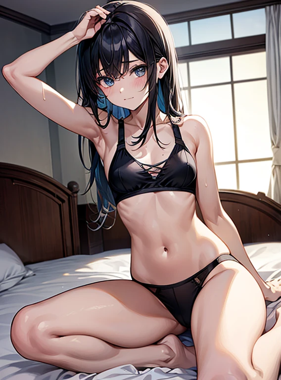 (Hands folded behind your back)、Beautiful breasts、Black Hair、Armpits are visible、Attractive breasts、Beautiful and attractive anime woman, Enchanting anime girl,Slippery、Iris、beautiful girl、、Quiet、Inconspicuous、The private parts are visible、One leg is raised wide up、White see-through sports bra、Quite small breasts、、Young、Young Girl、Stay in the house、Underwear is visible、Underwear is biting into、Shaved、Wet Skin、bed